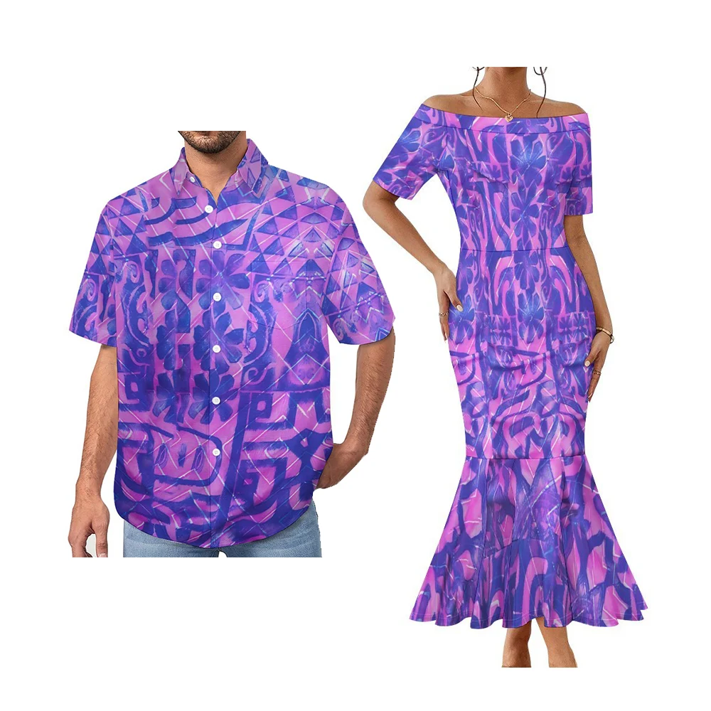 Promotional Polynesian Elei Tribal Design Custom 2 pcs Couple Clothes Mens Shirts Short-Sleeved One-Shoulder Fishtail Dress