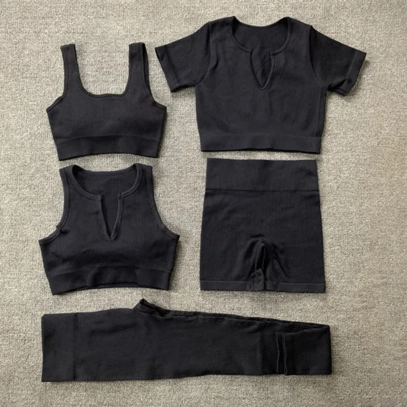 Hot Sale Ribbed Yoga Set Summer Seamless Fitness & Yoga Shorts Wear Set Biker Gym Activewear Leggings Set for Women