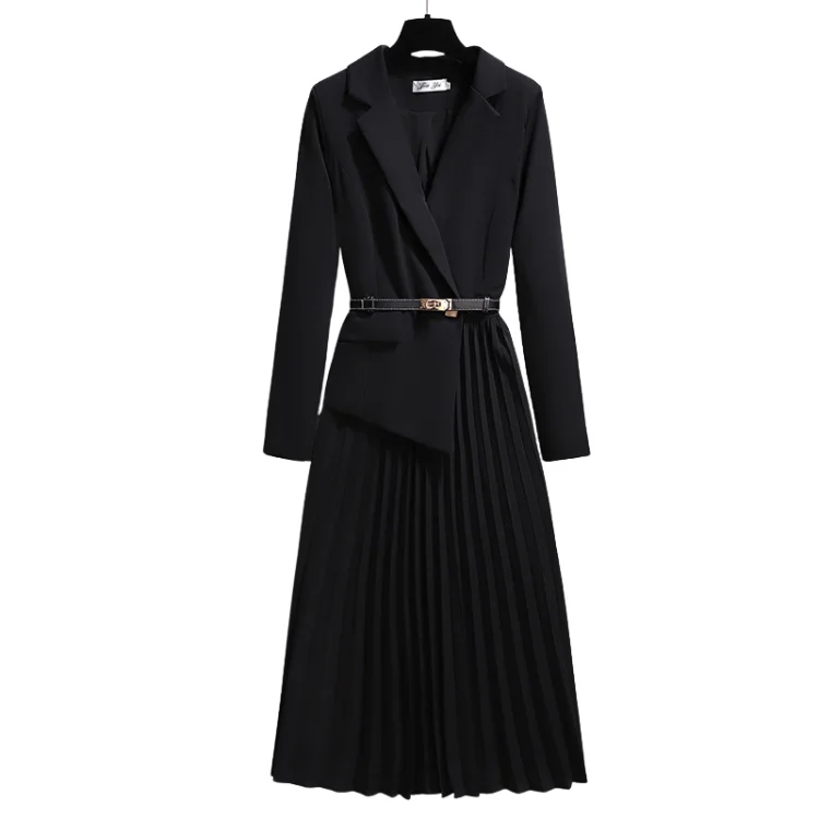 High Quality Spring Autumn Elegant Blazer Dress V-neck Slim Design Pleated Dresses Women Casual Ladies Office Dresses