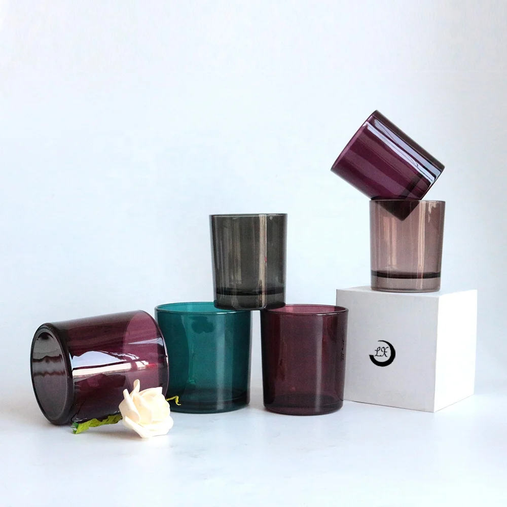 LANGXU translucent purple iridescent empty cylinder luxury crystal glass candle jar candle container with wooden lids and boxes