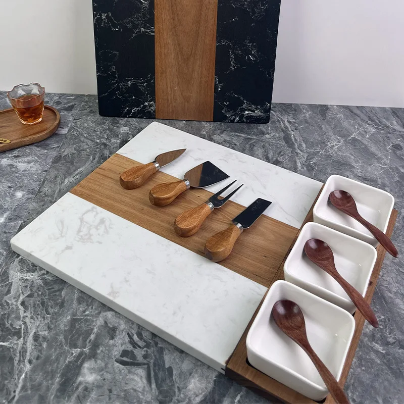 New Design Marble and Acacia Wood Charcuterie Board Cheese Board With 3 Ceramic Bowls Bamboo Cheese Board And Knife Set