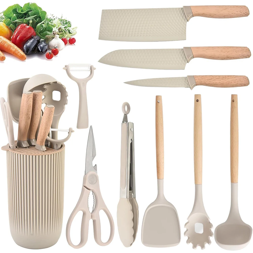 TOALLWIN chef kitchen knives set wooden handle kitchen utensils and kitchen knife set with holder