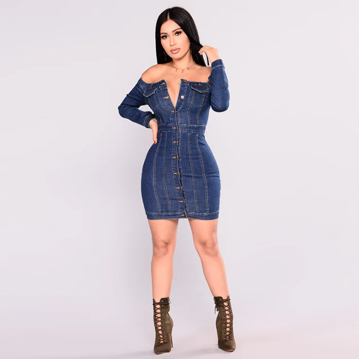 Korean Women Autumn Denim Dress Shouderless V-neck Sexy Jeans Dresses For Women