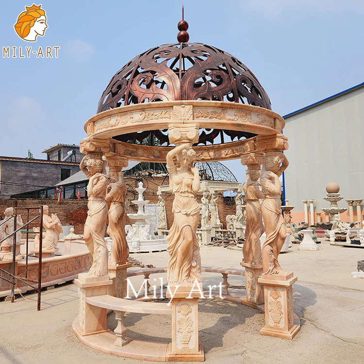 European Style Outdoor with Lady Statues Column Sunset Red Marble Gazebos