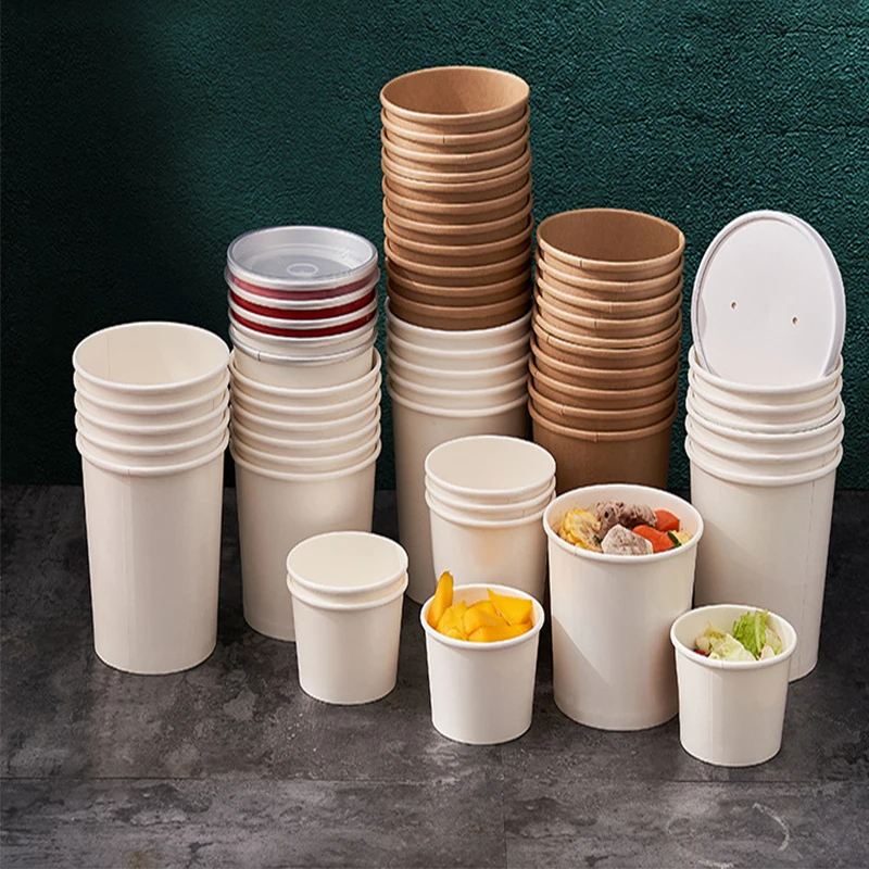 Eco Friendly Disposable takeaway food container 9 oz Kraft Paper noodle bowls Hot Soup Cups With Paper Flat Lid