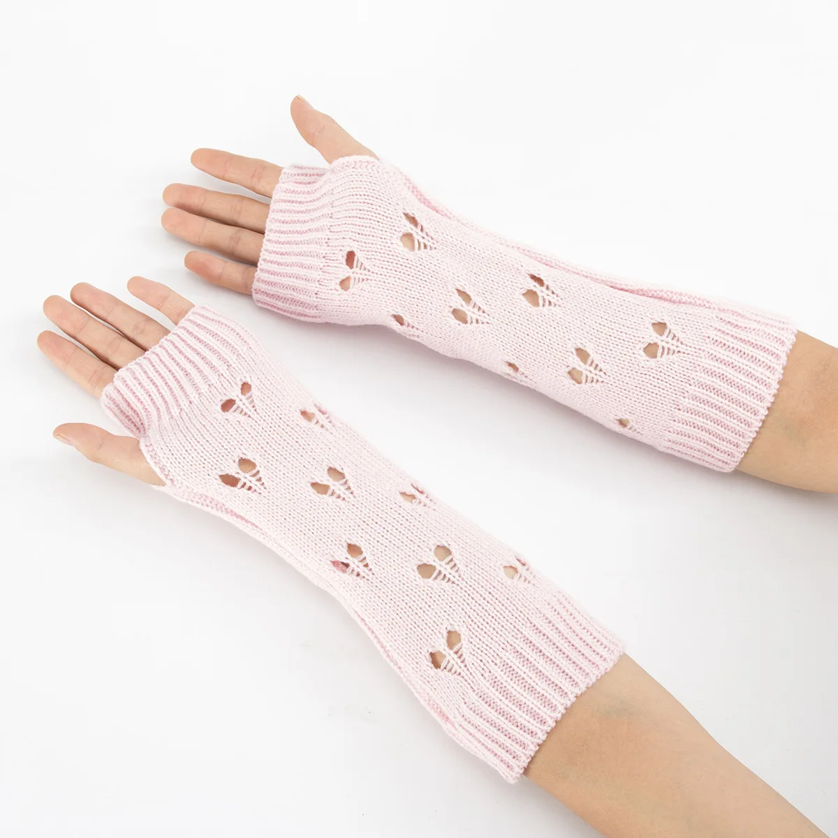 High quality Stylish Hand Warmer Winter Women Arm Crochet Knitting Hollow Heart Mitten Warm Fingerless Acrylic Gloves