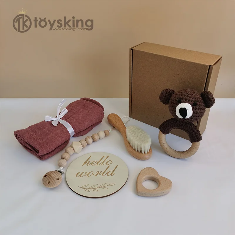 Baby Gift Box Set Baby Teether Toys Wooden Rattle Bracelet Newborn Bath Blanket Best Handmade Gift Box For Newborns