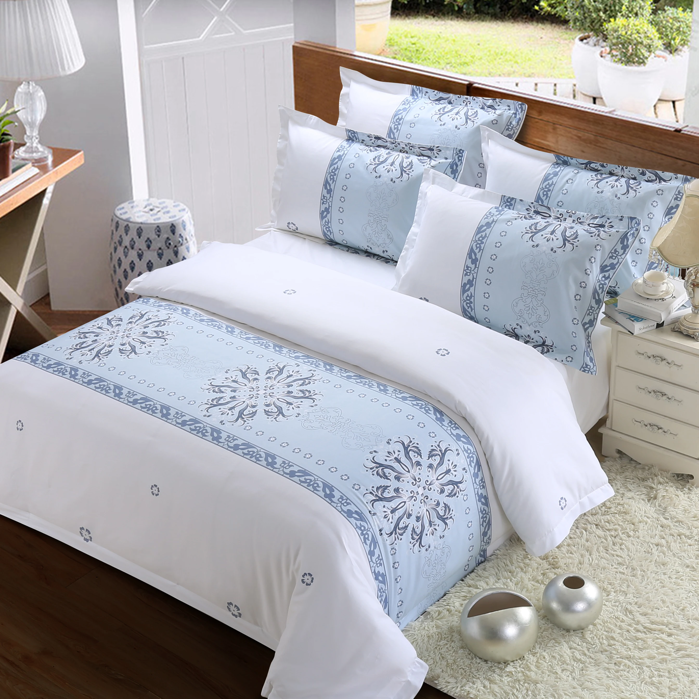 Solid Color Fitted 4pcs Bed Sheet Set King Queen Twin Size Chinese Printing Hotel Bedding Set Blue