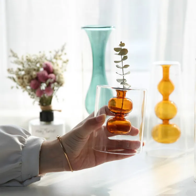 Nordic Style Hand Blown Amber Colour Glass Bud Vase Reed Diffuser Vase for Home Decor