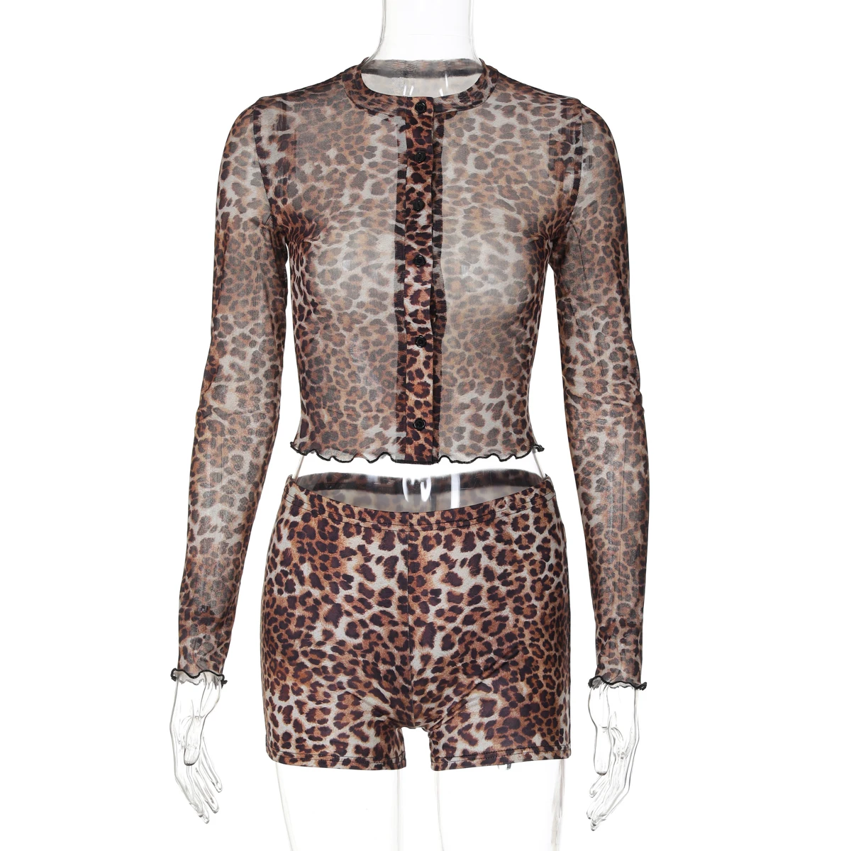 OJW122600 Sexy Mesh Print Cheetah Two-pieces Short Set With Long Sleeve Cardigan Crop Top and Slim Tight Shorts