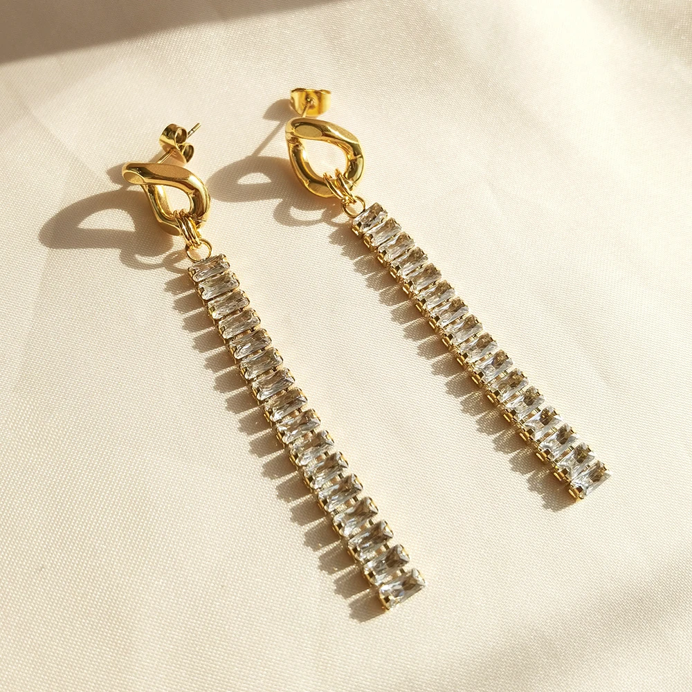 Iviapro New Arrival Luxury Clear Statement Party Cubic Zircon Long Stainless Steel Earrings Waterproof Jewelry