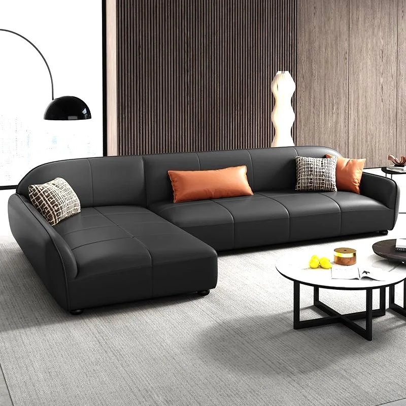 Best Seller Top Layer Cowhide l Shape Sofa Modern Black Sofa Leather Sofas for Home Furniture Living Room Modern