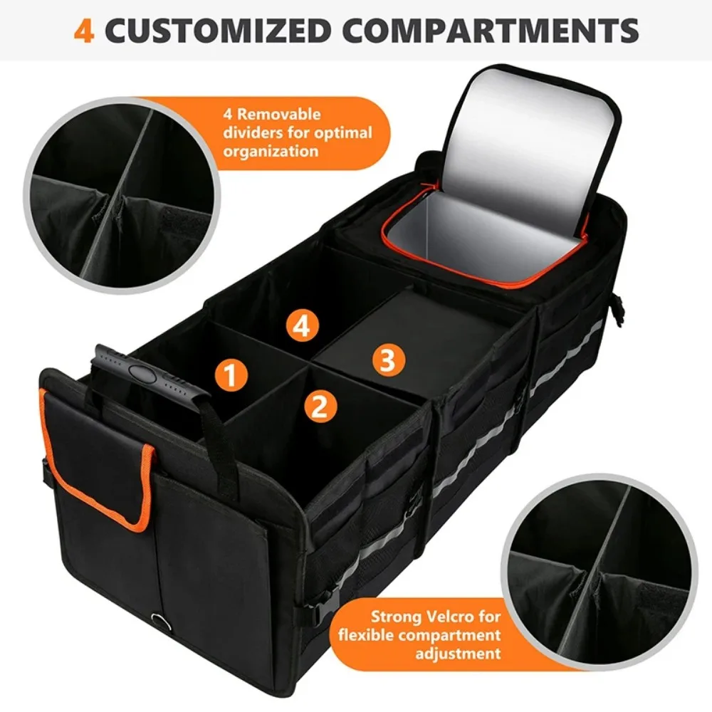 Custom Extra Large Capacity Multi-compartments Foldable Collapsible SUV Car Trunk Storage Organizer Box with Cooler Bag