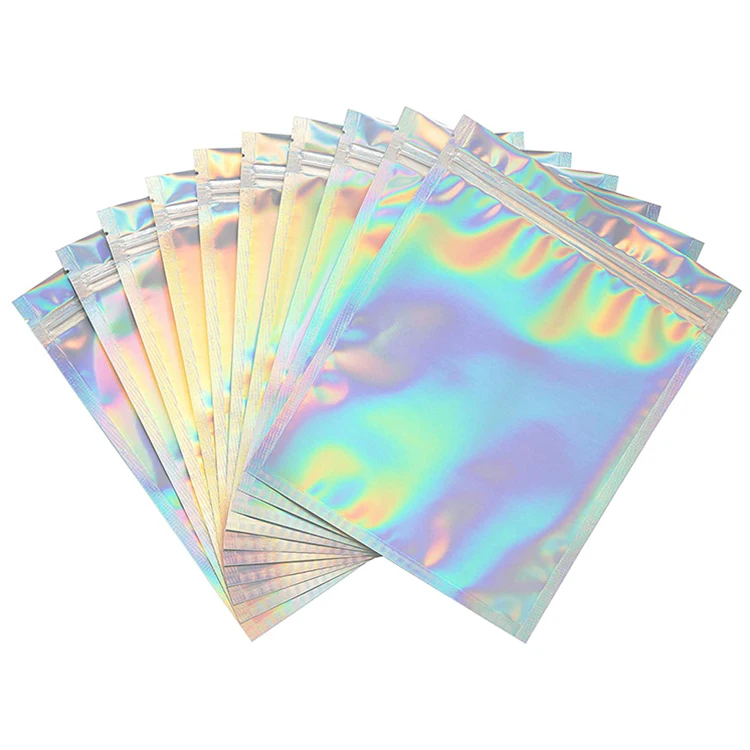 Custom Resealable Self Adhesive Transparent Cosmetic Holographic Plastic Packaging Bag Hologram Zippered Pouch for Jewelry