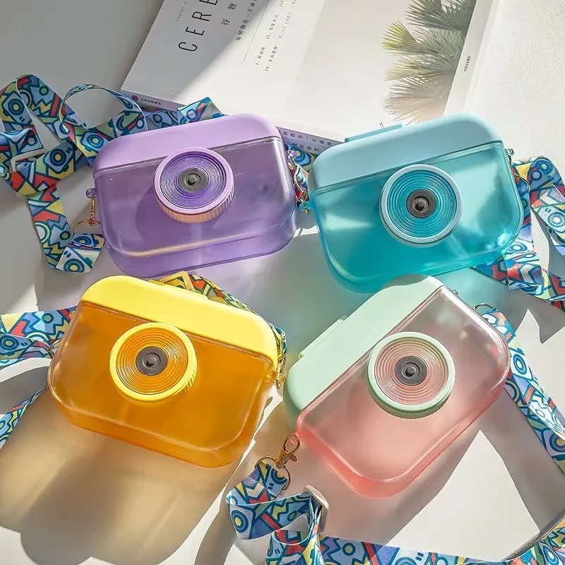 New children kids plastic drinking milk straw cups outdoor travel sports portable camera water bottle with strap for kids school