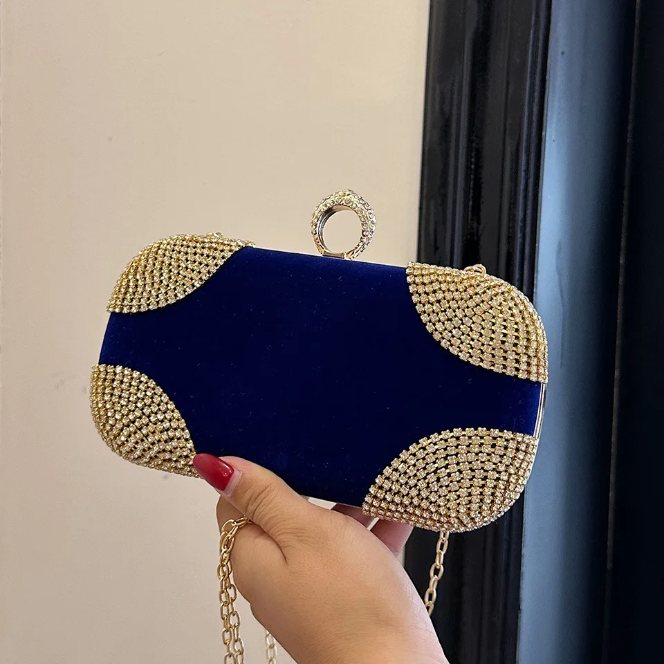 fashion retro party dinner evening bags women handbag single shoulder hand luxury rhinestone suede chain crossbody bag