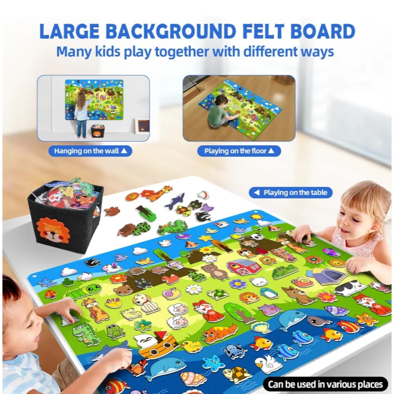 204 Pcs Animals Felt Busy Board Story Set with Storage Bag Preschool Large Wall Storyboard Forest Wall Hanging Learning Toys