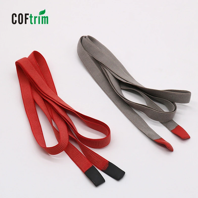 
factory hot sale 1cm flat new fancy drawcord string with silicone dipped end elastic webbing drawstring cord for pant garment 