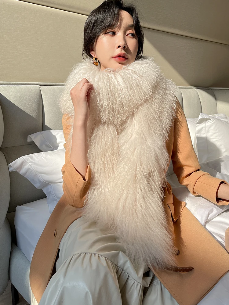 ZDFURS*  Quality mongolian fur Tibet sheep fur scarf Double-Sided Whole skin  Fur Collar  long Thickened