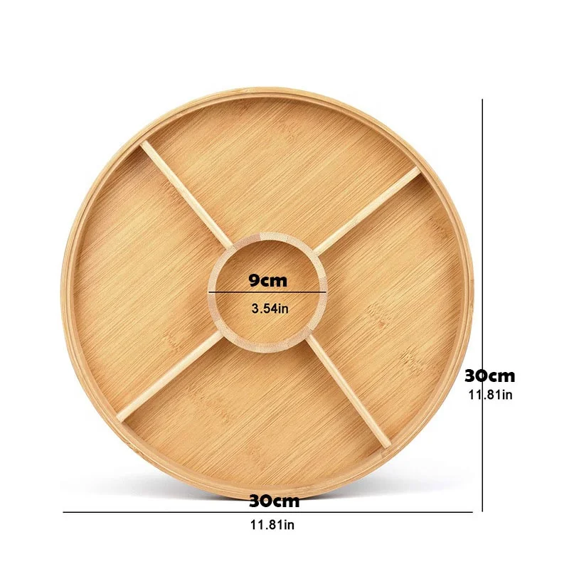5 Compartments Snacks Party Tray Bamboo Round Plate Dish Food Serving Platter Tray With Glass lid