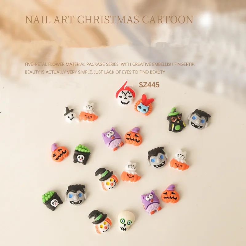 20pcs Halloween resin diamond cute cartoon skull wizard pumpkin head nail art decorations
