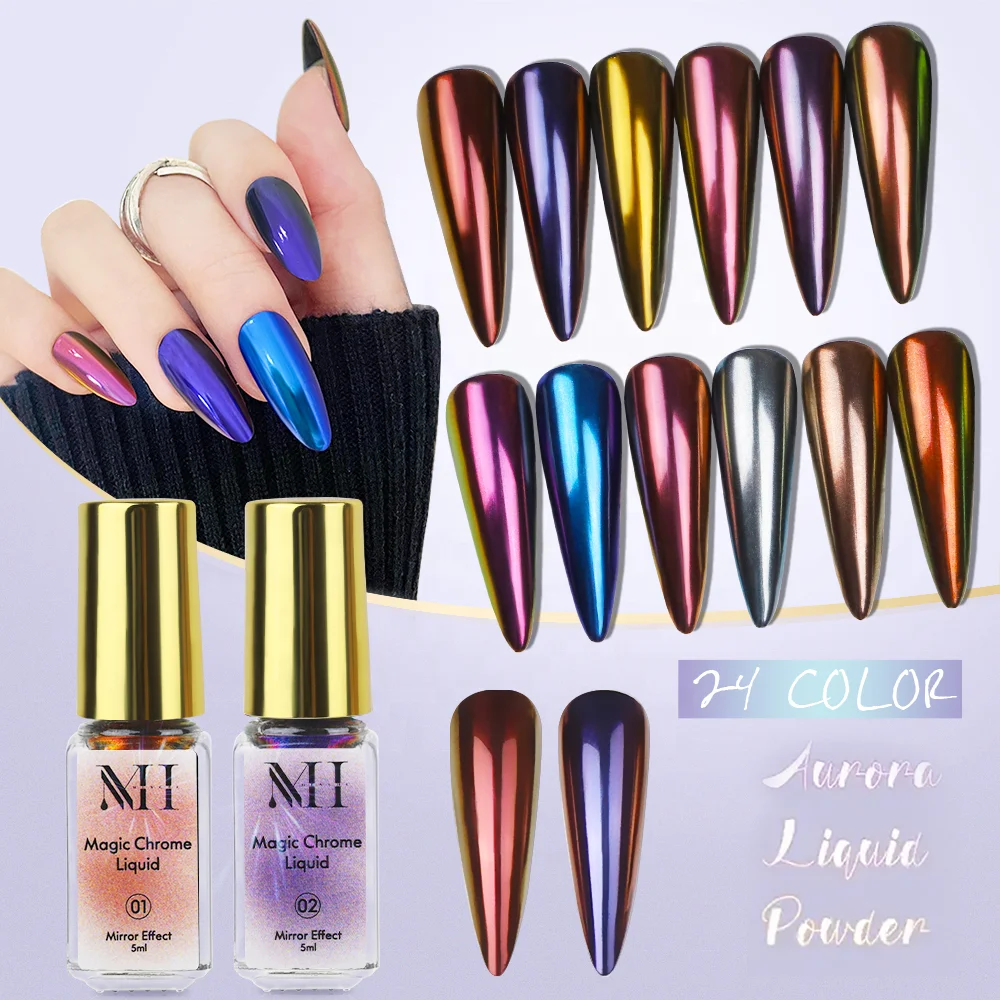 Menghe New Arrivals 5ml Aurora Mirror Powder Metallic Mirror Nail Polish No Dust Magic Liquid Chrome Nails