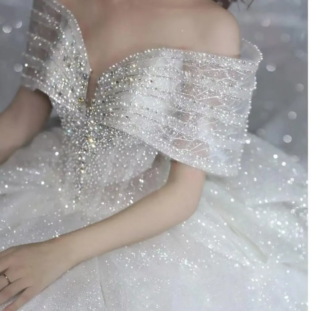 2024 New Stunning Shinny Off The Shoulder bling bling Bridal Dress Plus size Pearl Beaded 1.5m Sweep Train Bridal Wedding Gowns
