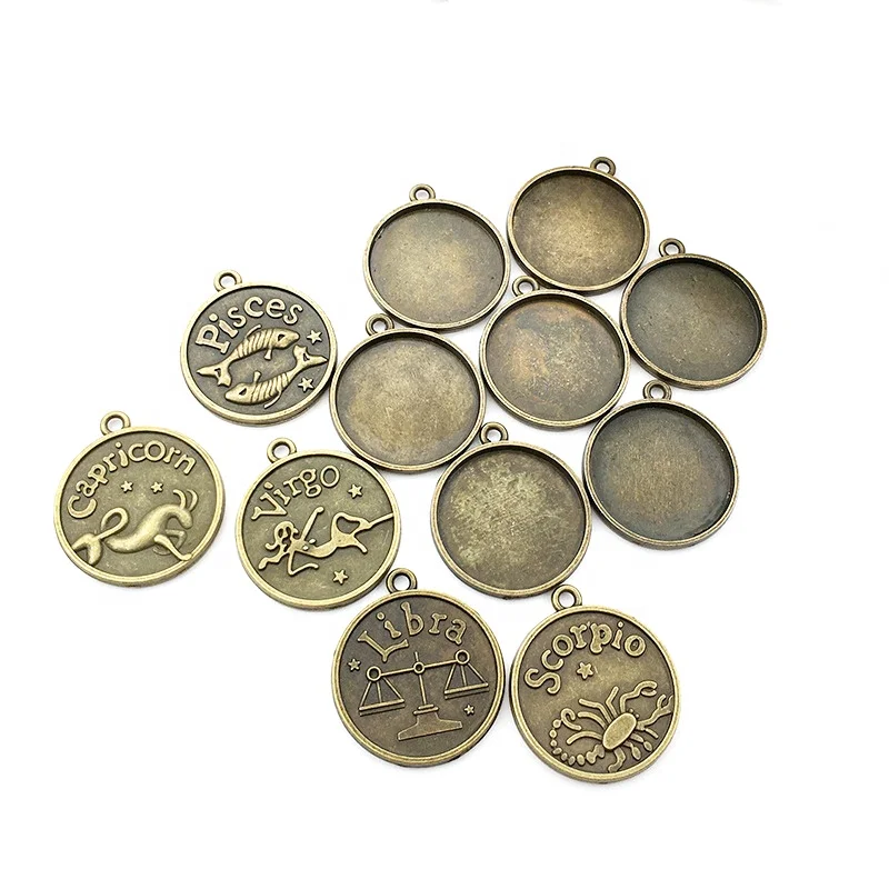 Fashion jewelry with the signs of zodiac 12 constellations metal charms antique bronze plated pendent for DIY 25mm glass stone