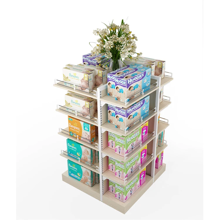 Meicheng 4 Side Supermarket Promotion Display Counter Wood Display Shelves For Retail Stores Cosmetic Supermarket Shelves