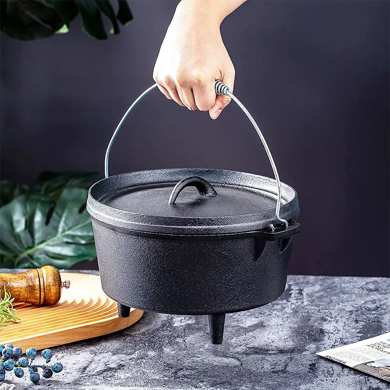 Big Capacity Cast Iron Dual Handle Heavy Duty Dutch Ovens with 3 Legs Outdoor Camping Cookware Camp Pot