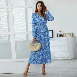 Amazon cross-border foreign trade spring new product V-neck high-waist printing irregular split dress fashion long dress