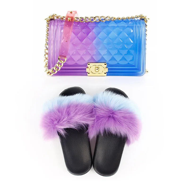 Wholesale Fashion Daily Wear Fur Flat Fancy Fluffy Furry Flip Shoe And Transparent Pvc White Jelly Bag And Shoes Set
