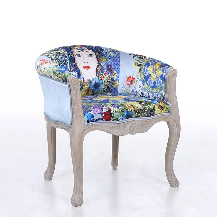 Wholesale Blue Velvet Digital Printing Velvet Cheap Lounge Arm Wooden Leisure Chair