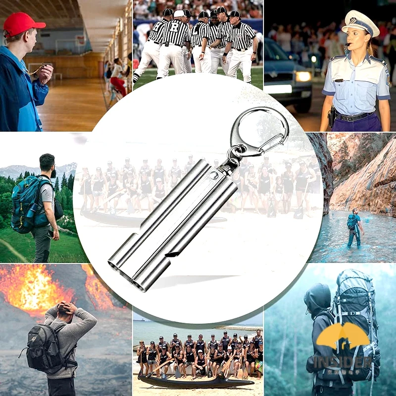 Fishing Training Rescue Stainless Waterproof Emergency Survival Double Tube 120DB Whistle With Lanyard Keychain