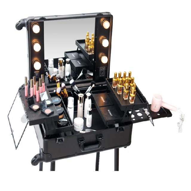 hot selling aluminum case with wheels trolley aluminium aluminum makeup cosmetic case with mirror lights bulbs legs stands trays
