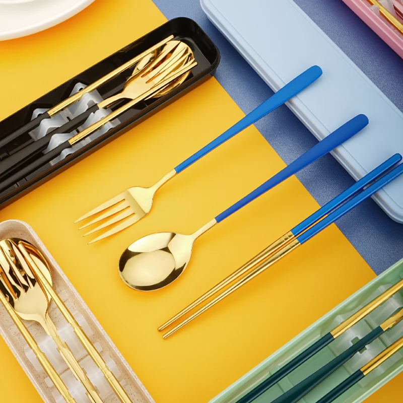 Portable Fork Spoon Chopsticks flatware set stainless steel cutlery with box