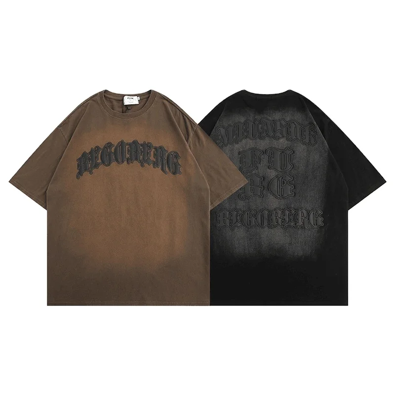 Custom Vintage Acid Wash T Shirt Oversized Drop Shoulder Designer Heavyweight Knitted O-Neck Logo Puff Printing Technique Fitted