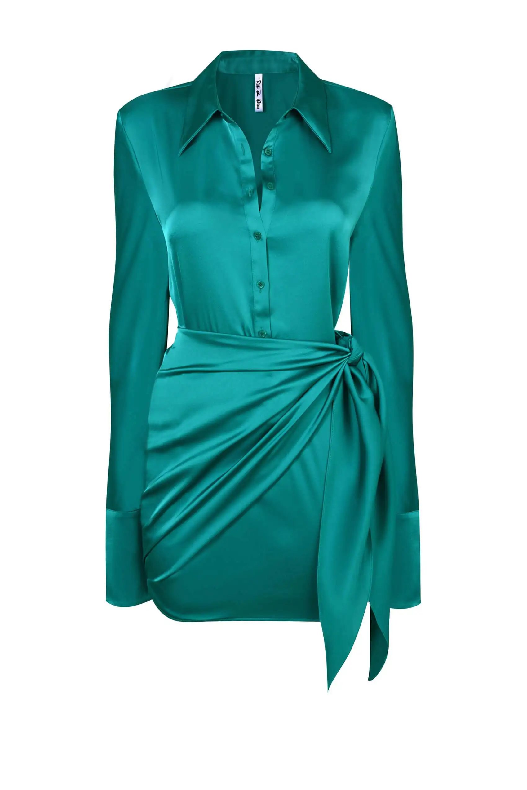 Women Elegant Point Collar Oversize Cuffs Emerald Satin Classic Button-down R&b Style Wrap Mini Skirt Sexy Waist Tie Shirt Dress