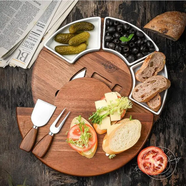 
Eco Friendly Wood round Cheese Board With Stainless Steel Knife set And Ceramic Bowls 