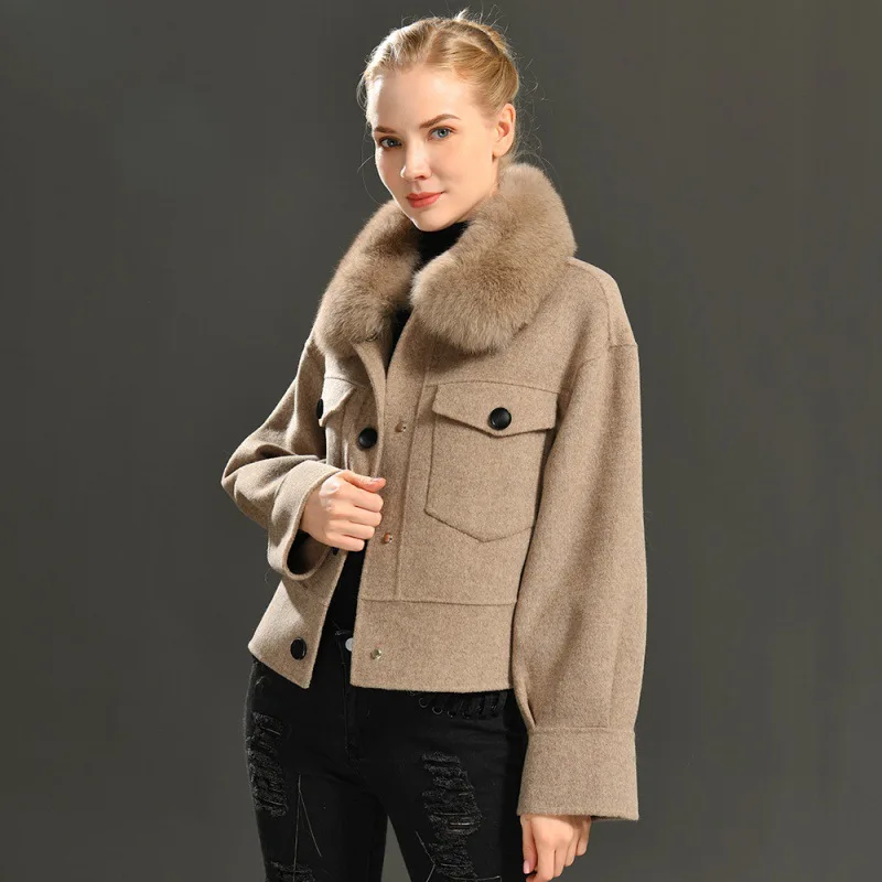 Candy colors women woolen jackets hot sale detachable fox fur collar jackets Spring fashion lady jackets with matching color fur
