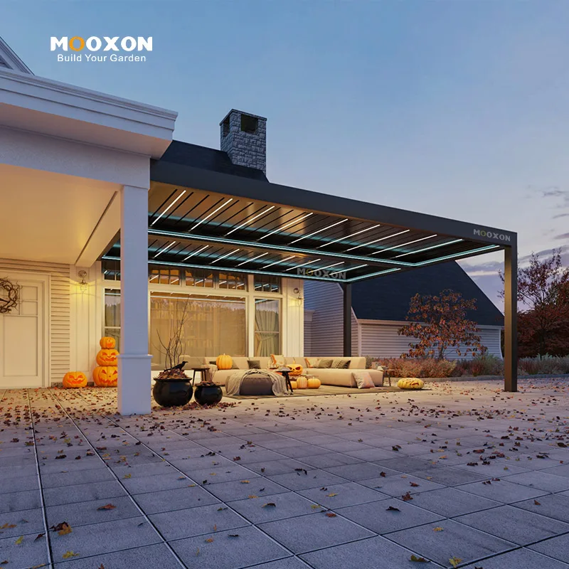 Mooxon Aluminum Pergola Adjustable Louvered Roof Motorized Outdoor Space Skypoly Design Elegant Weather Resistant
