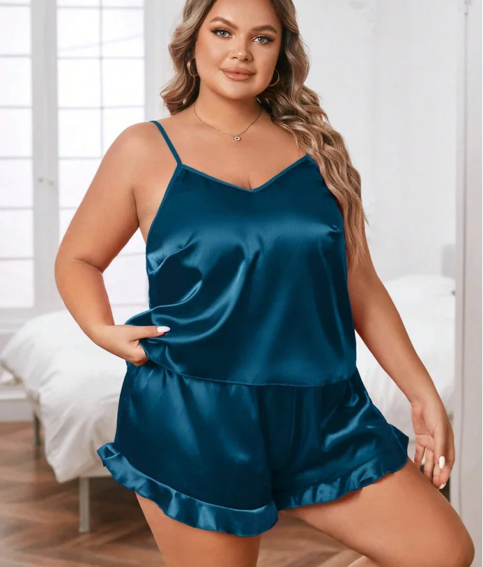 Plus Size Satin Cami Top & Ruffle Hem Shorts Pj Set Silk Women Pajama Sets Custom Luxury Pajamas