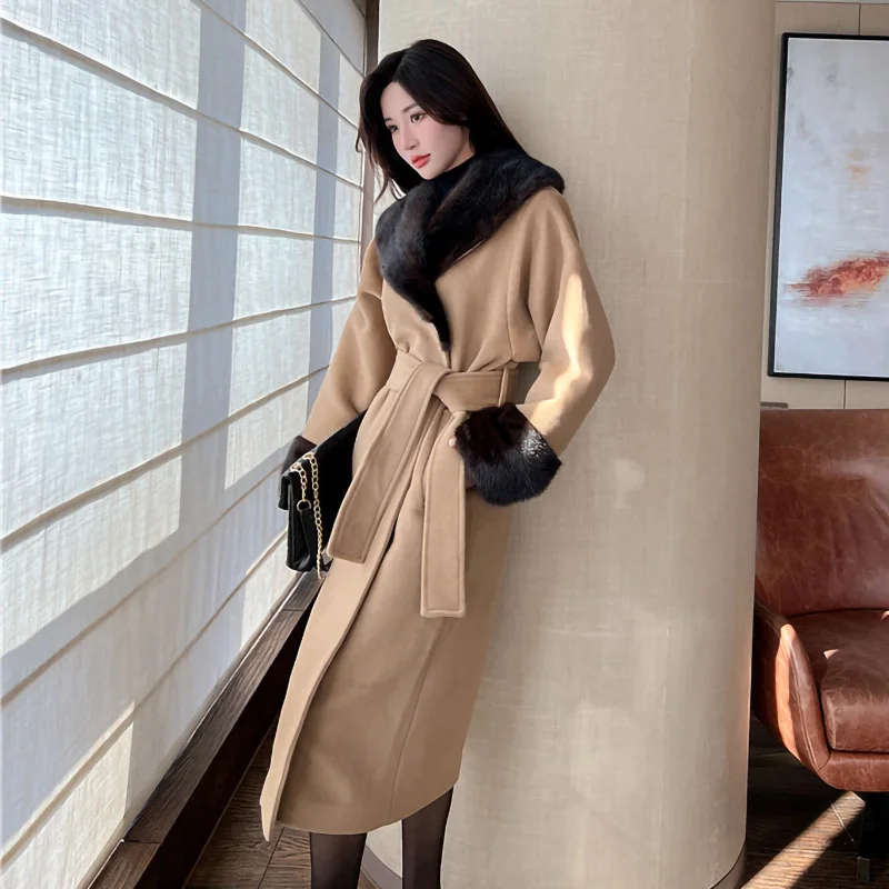 Elegant Winter Mink Fur Collar Cuffs Alpaca Coat Double Sides Long Wool Cashmere Coats Women with Belt