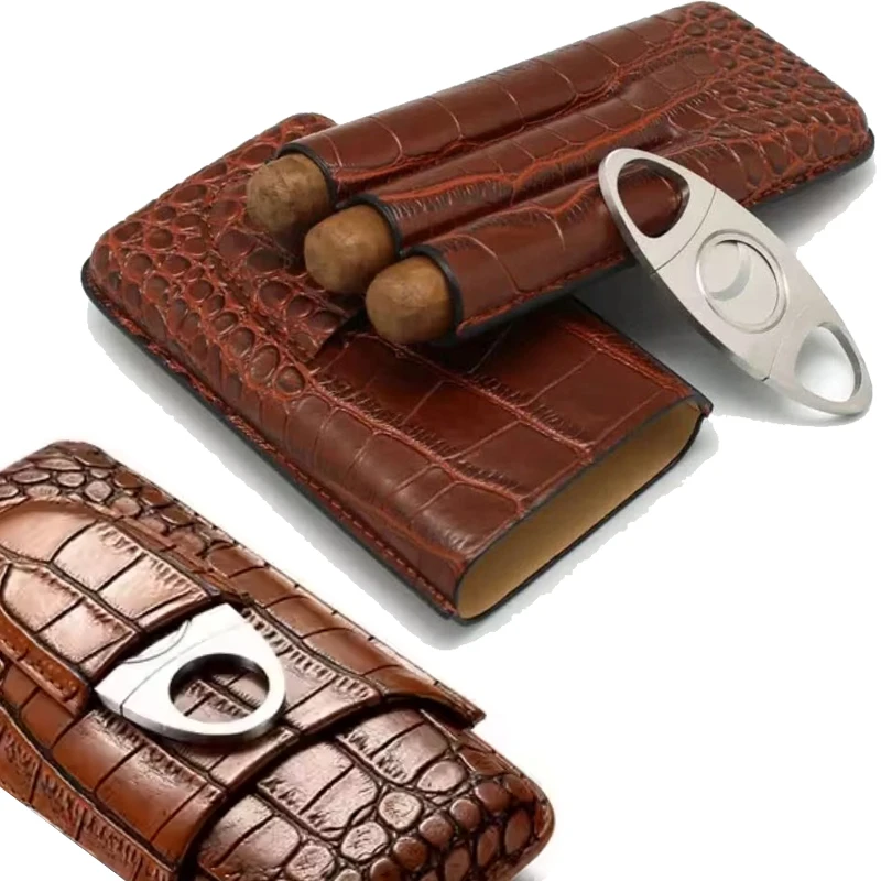 PU leather cigar box 3CT Humidor Case PU Imitates Crocodile Leather 3 Finger Cigar Bag With Cutter cigar leather portable box