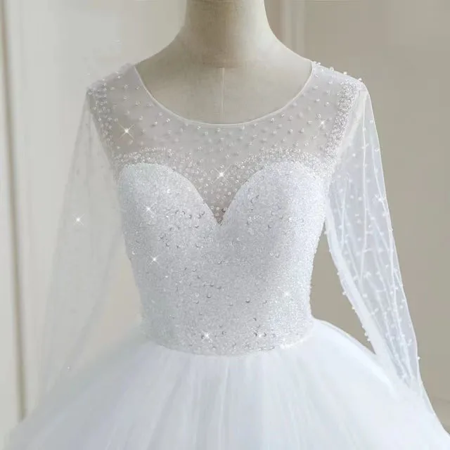 2023 Wholesale Ivory white Heavy crystal beading bridal Gowns dress Long sleeve beaded wedding dress for women ball gown