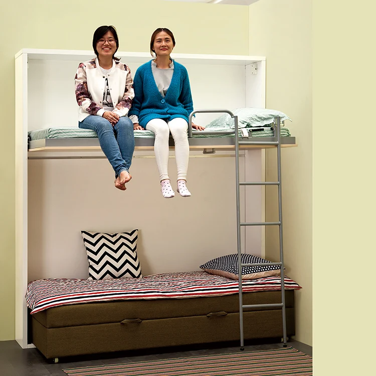 2020 Children wall mounted foldable save space smart wood beds wall bunk beds with sofa
