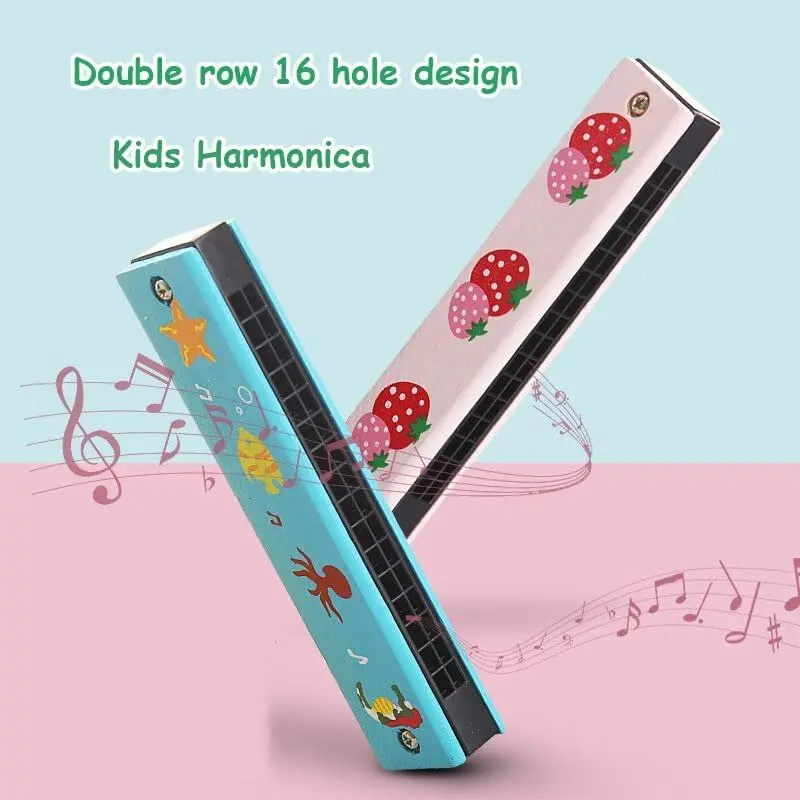 Wooden 16 Hole Harmonica Musical Instrument Educational Kids Toy