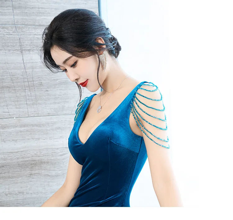 Women Maxi Trumpet Ball Gown Eye-Catching Formal Party Long Evening Dresses Sexy V Neck Modest Evening Gowns with Tassels