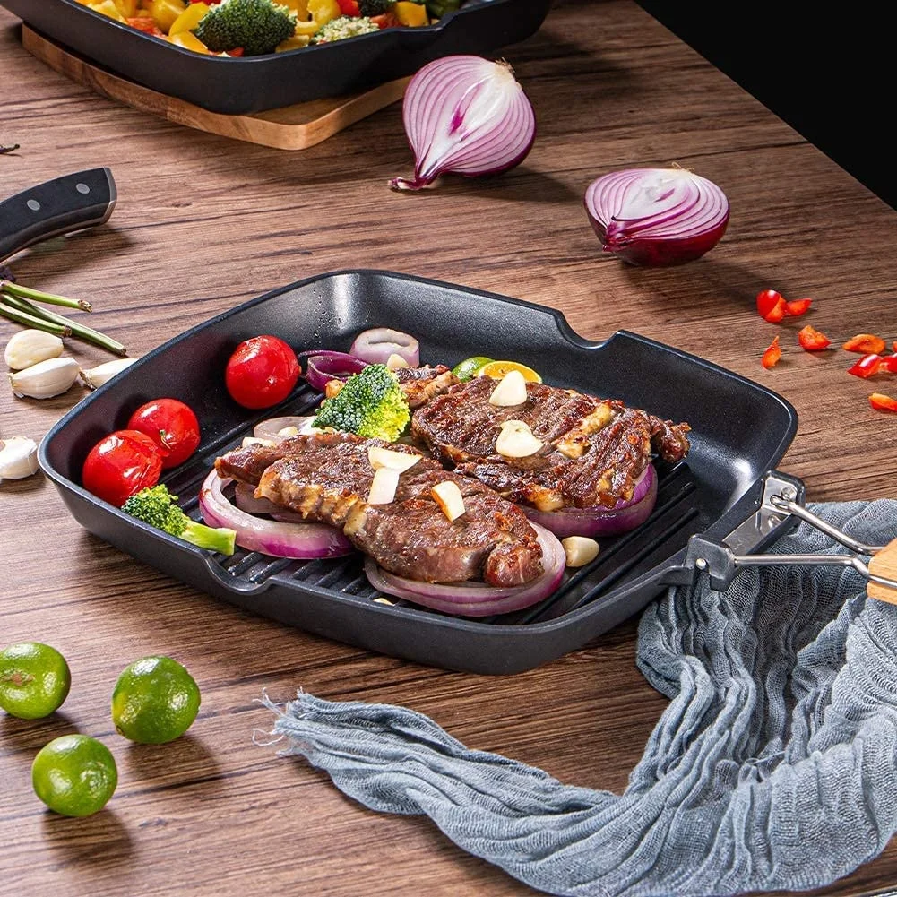 Grill Pan 11 inch Portable Nonstick Frying Pan for Steak  Fish and BBQ Deep Square Griddle Pan Folding Handle Induction Skillets