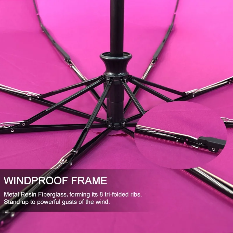 Customise Small Travel Size Pink Color Automatic 3 Folding Rain Umbrellas with Logo Prints